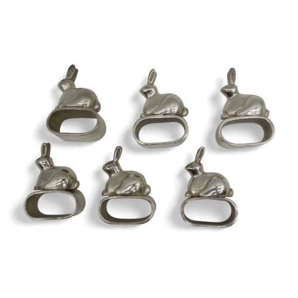 Bunny Rabbit NAPKIN HOLDER Ring Set of 6 Heavy Silver Tone Metal - Picture 2 of 11